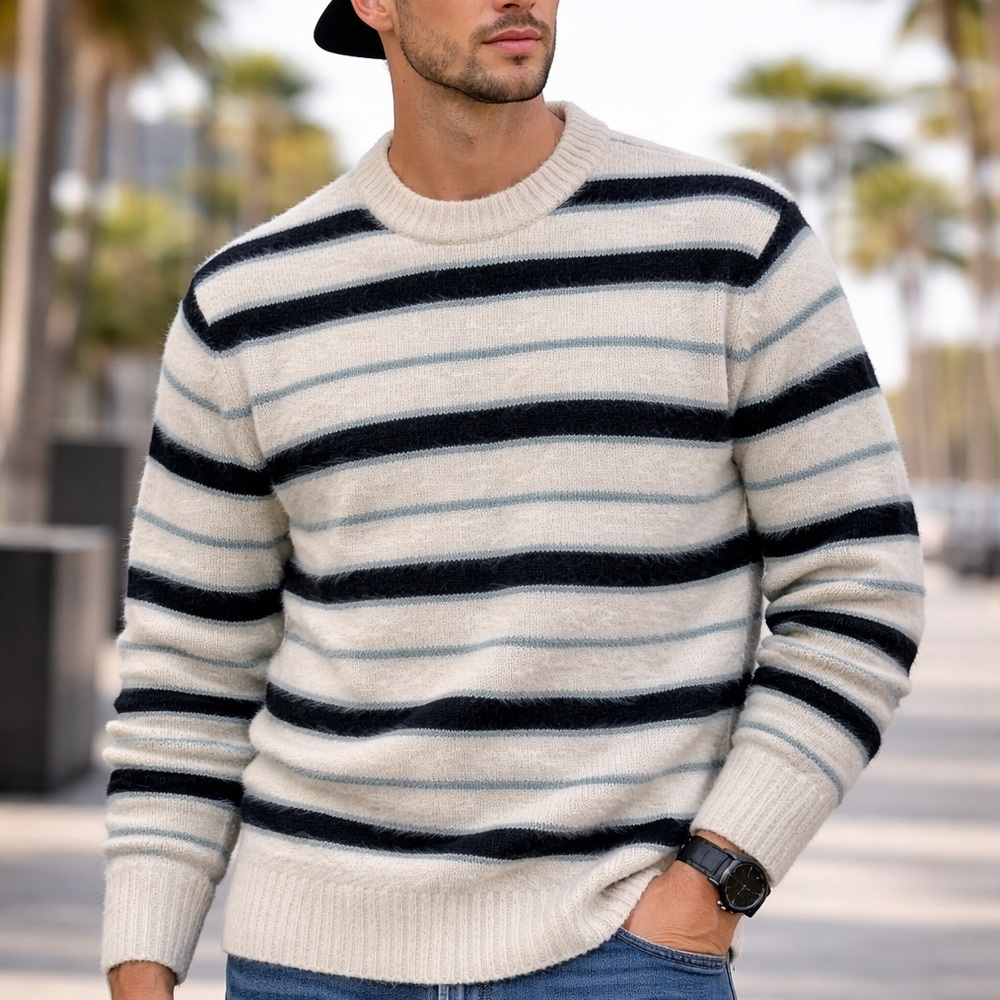 Mode of One Striped‎ Fuzzy Sweater men’s size XL Dark Ecru Crewneck Knit NWT